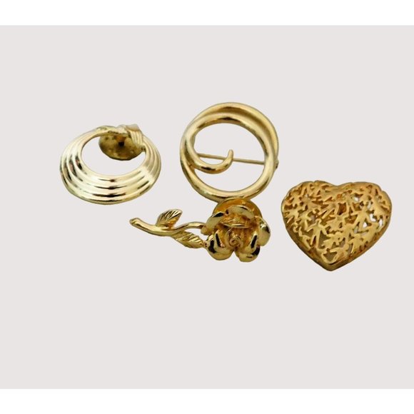 Set of 4 Fashion Pins Heart Circles Floral Brooch Pin Back Gold Tone - Picture 3 of 9